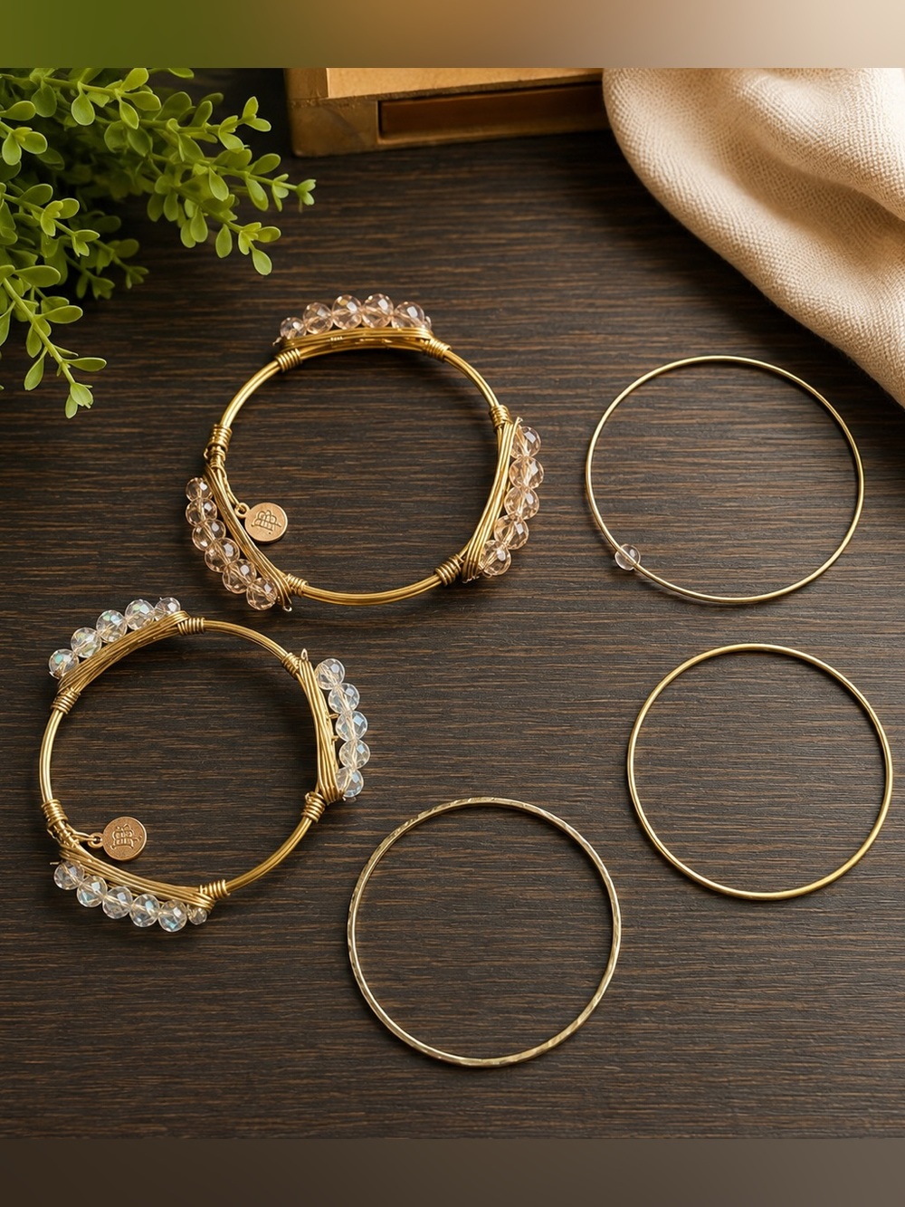 Bourbon and Bowties Gold Tone Crystal Beaded Bracelet Stack Set of 5 Bangles